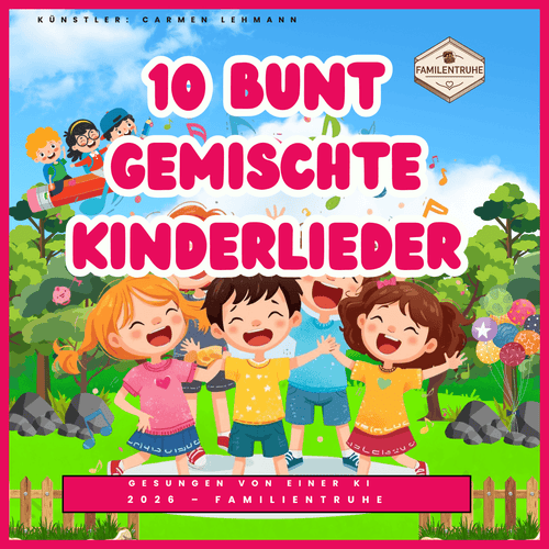 10 Bunt gemischte Kinderlieder Nummer 2 - Mega Spar-Paket Cover mit fröhlichen Kindern und bunten Motiven.