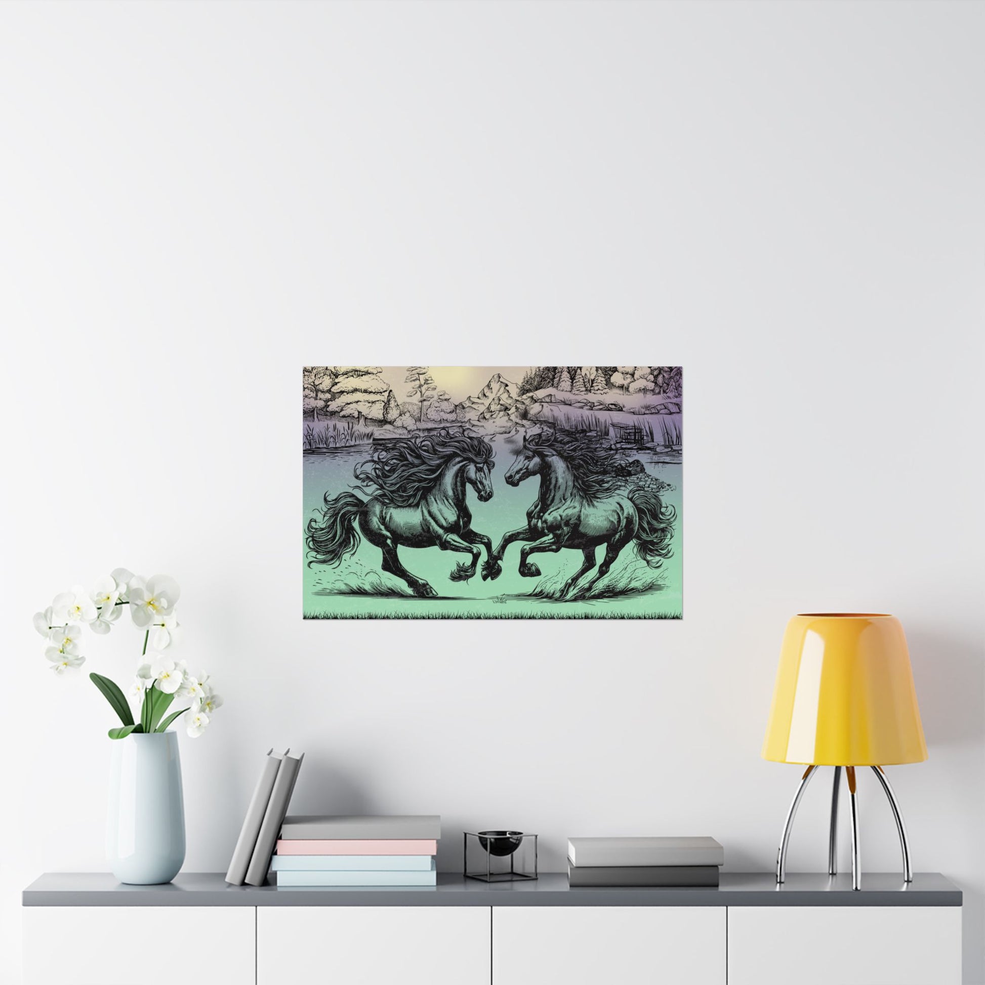 Vintage Pferde Kunst Satin Poster, zwei Pferde Wanddekoration, Einzigartiger Kunstdruck, Geschenk für Pferdeliebhaber