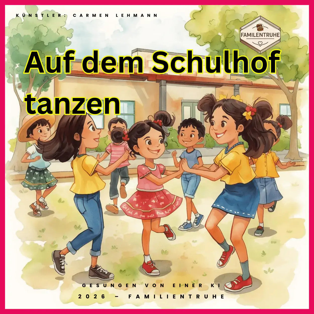 Kinderlied-Auf dem Schulhof tanzen – fröhliche Kinder auf dem Pausenhof, die tanzen und spielen.