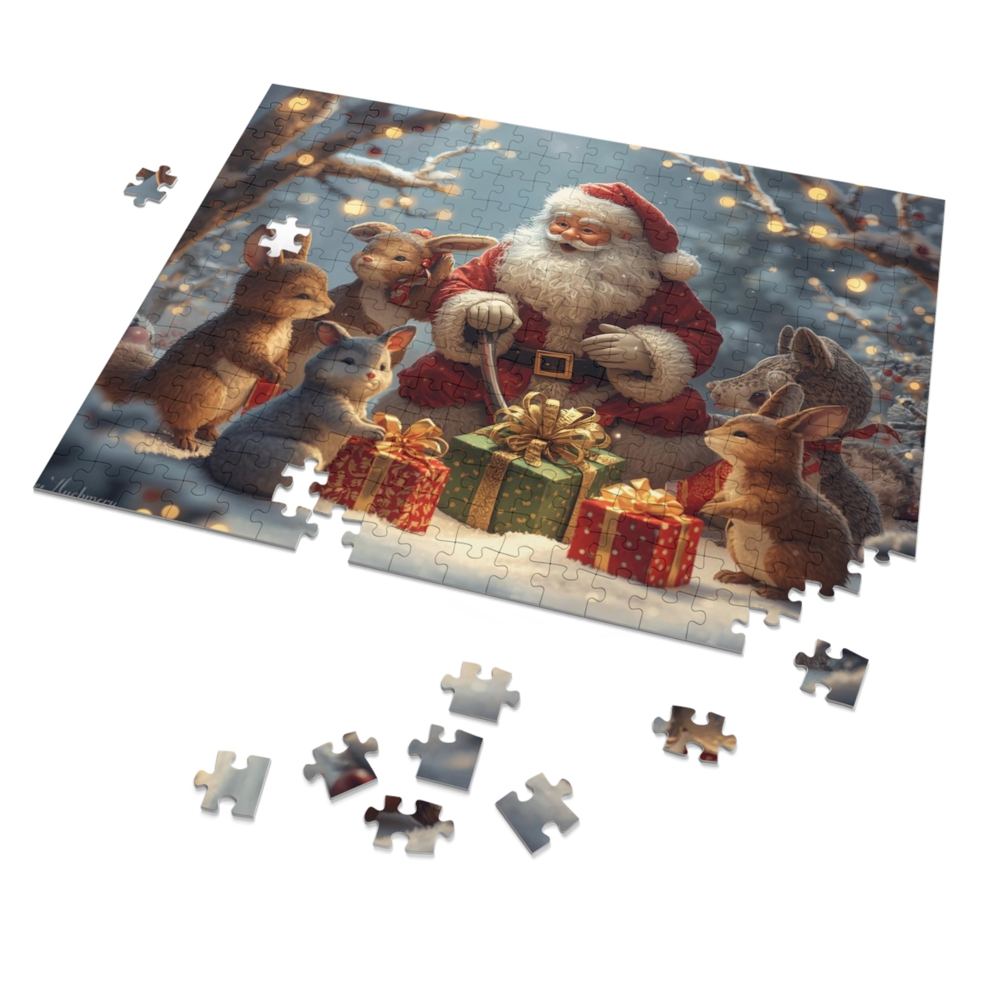 Weihnachtspuzzle mit Weihnachtsmann und Tieren, Weihnachtsgeschenk, Familienaktivität, festliche Dekoration, Puzzle-Enthusiasten, gemütlicher Winterspaß