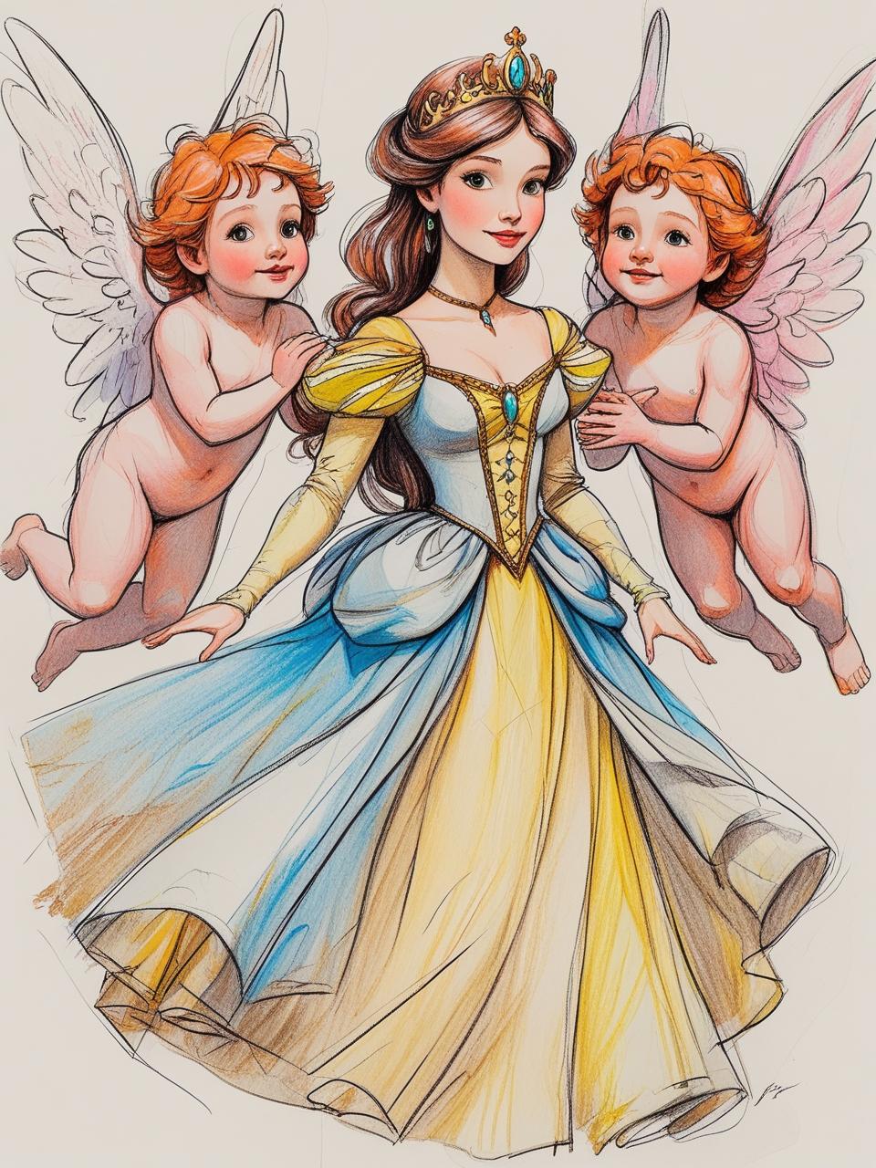 Prinzessin mit ein Seiden mehrfarbiges  Gelb  blaues Kleid und kleine Engel in Mal Motiv