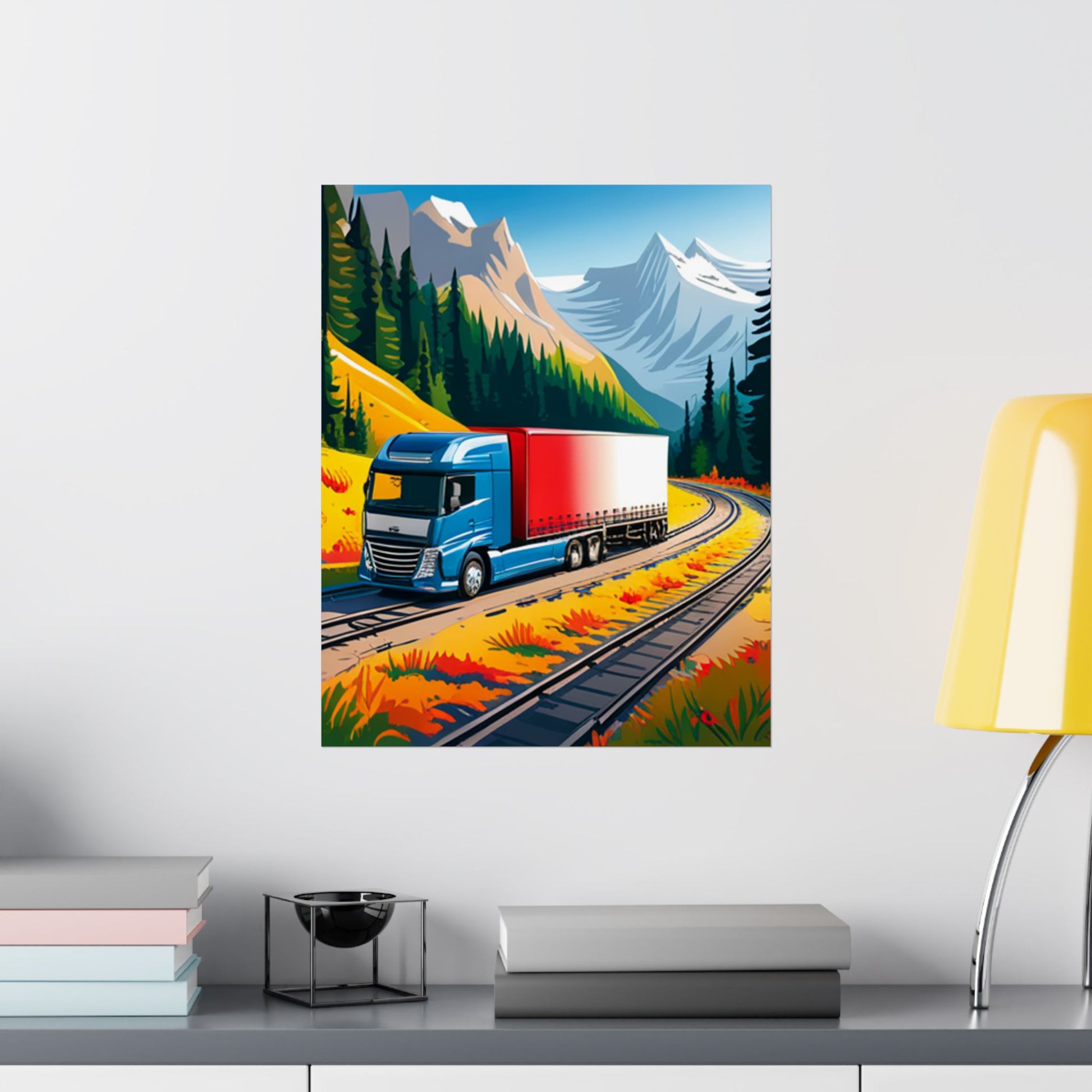 Trucking Adventure Satin Poster, Wandkunst für Truck-Enthusiasten, Vintage Truck Dekor, Geschenk für Fahrer, Road Trip Dekor
