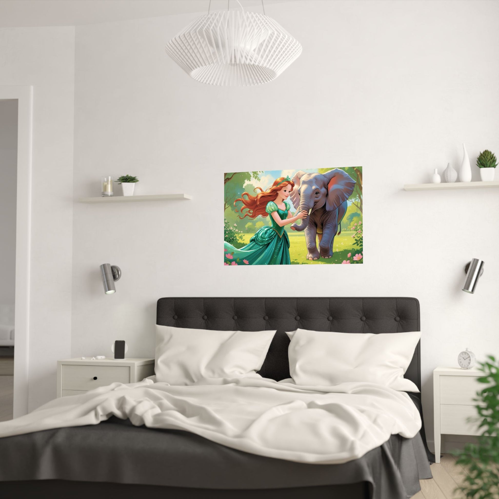 Zauberhafte Satinposter fürs Kinderzimmer, skurrile Wandkunst, Prinzessinnen- und Elefanten-Dekor, Kinderzimmerdekoration, Geschenk zum Geburtstag