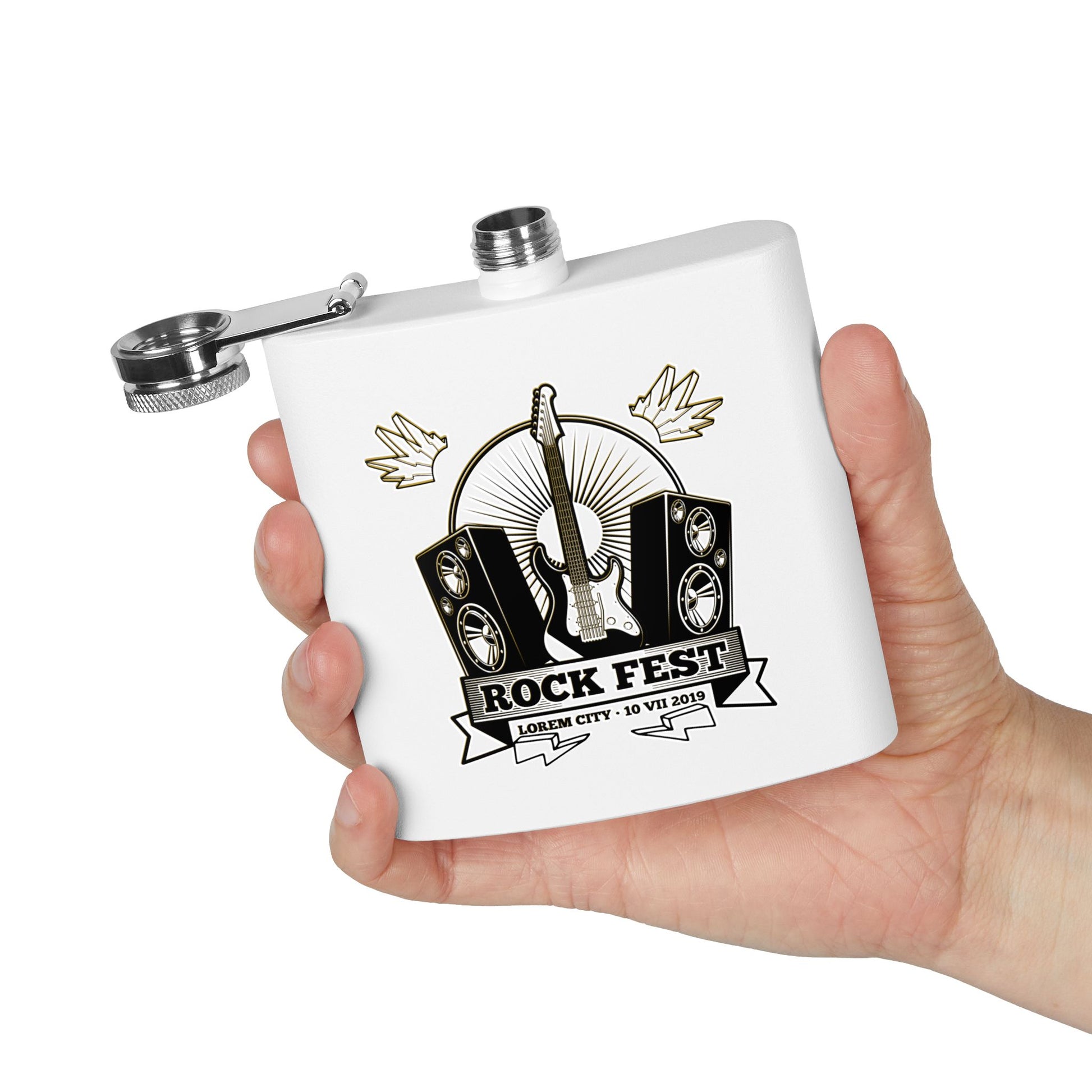 Edelstahl-Flachmann „Rock Fest“ – 170 ml Flachmann für Konzerte und Festivals