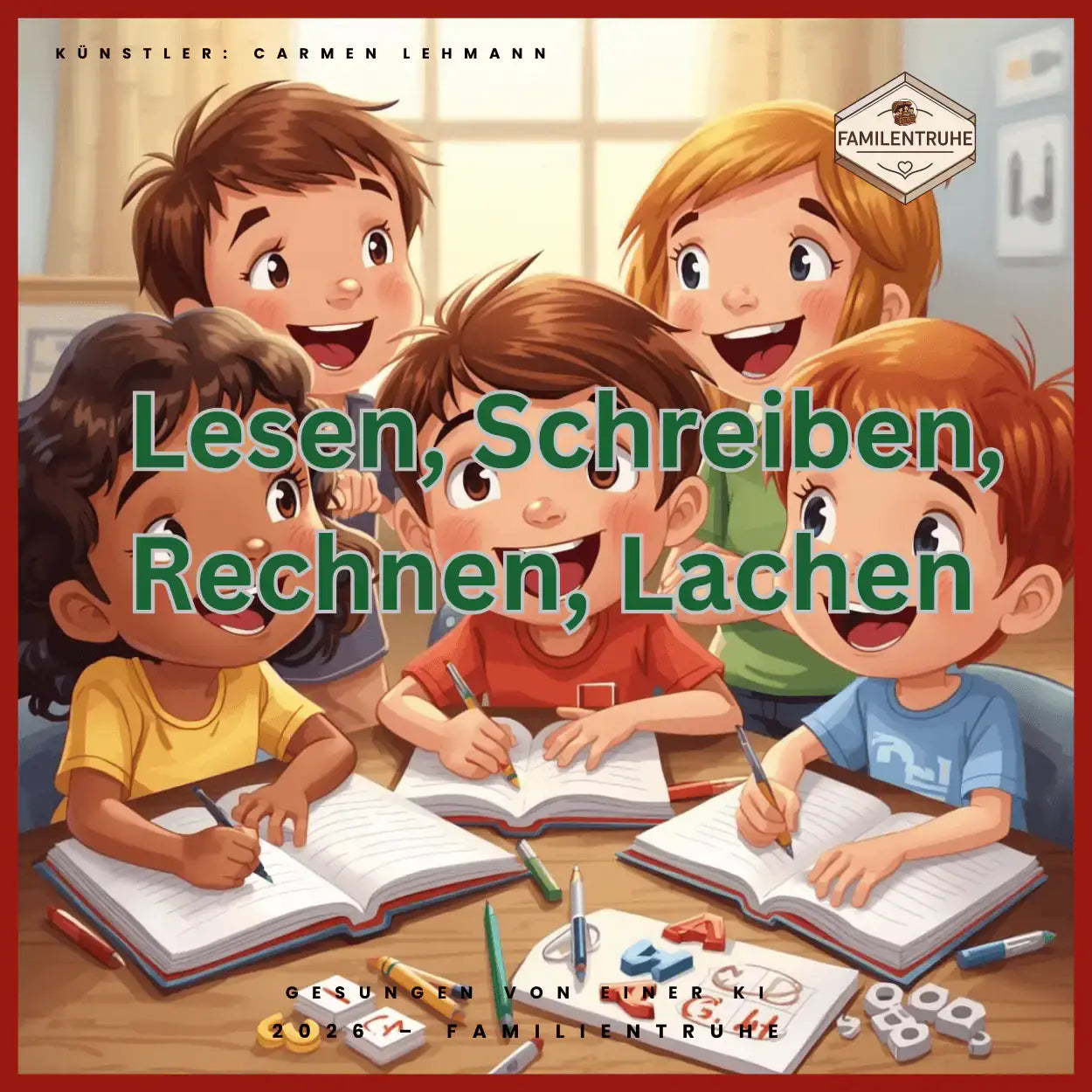 Kinderlied-Lesen schreiben rechnen Lachen in einer kreativen Klassenzimmerumgebung mit lachenden Kindern, die lernen.