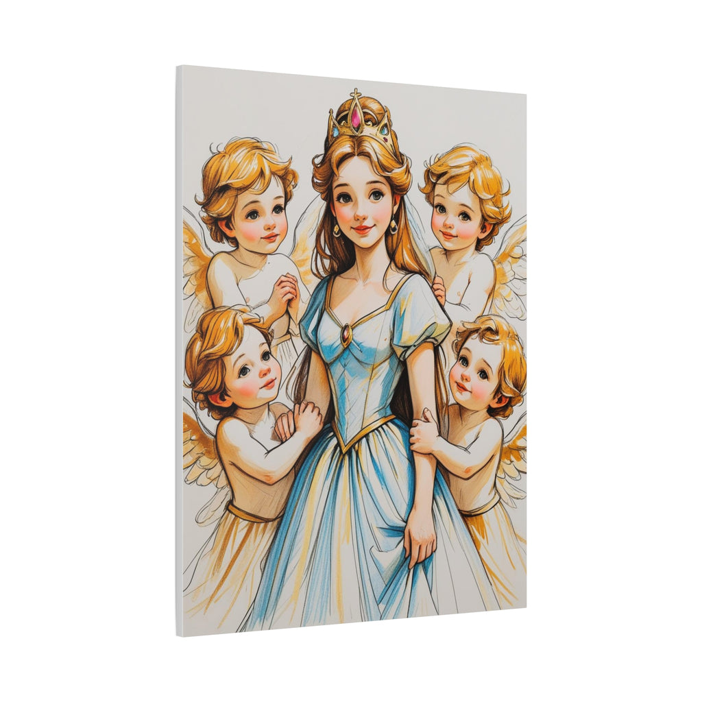 Prinzessin mit ein Seiden mehrfarbiges  blaues Kleid und kleine Engel in Mal Motiv in Großformat