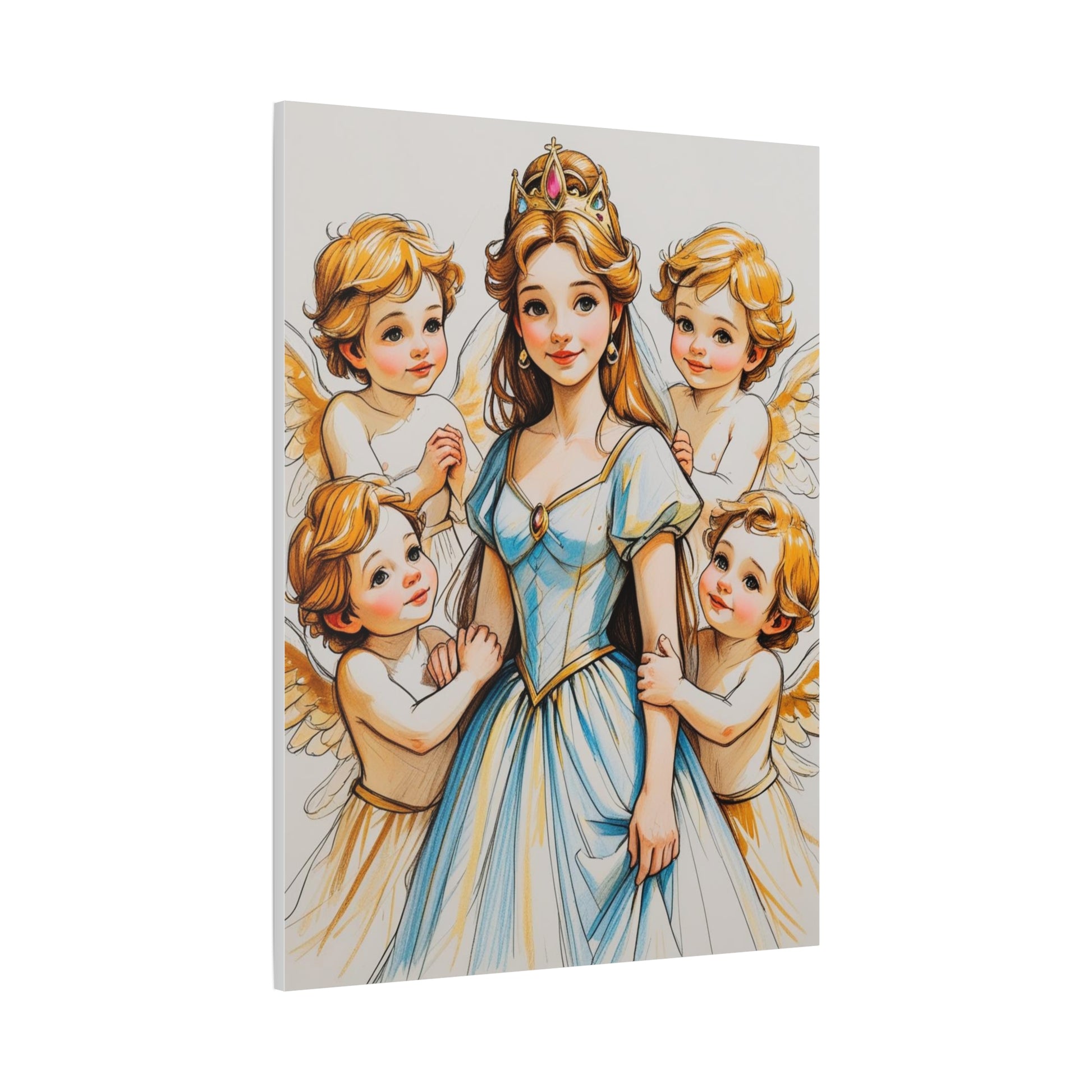 Prinzessin mit ein Seiden mehrfarbiges  blaues Kleid und kleine Engel in Mal Motiv in Großformat