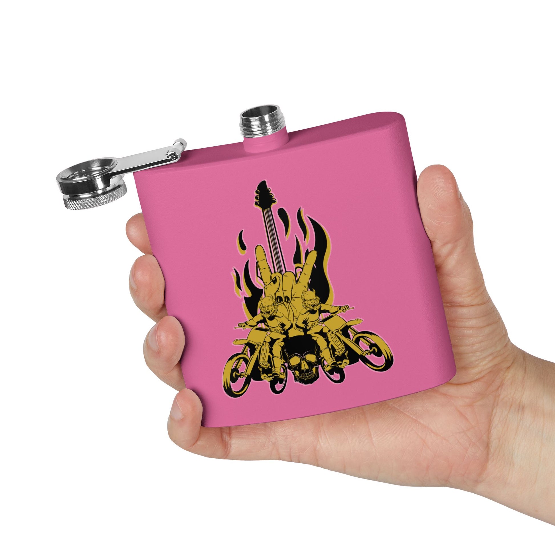 Edelstahl-Flachmann mit Rock 'n' Roll-Motiv – 170 ml, Totenkopf- und Gitarren-Design