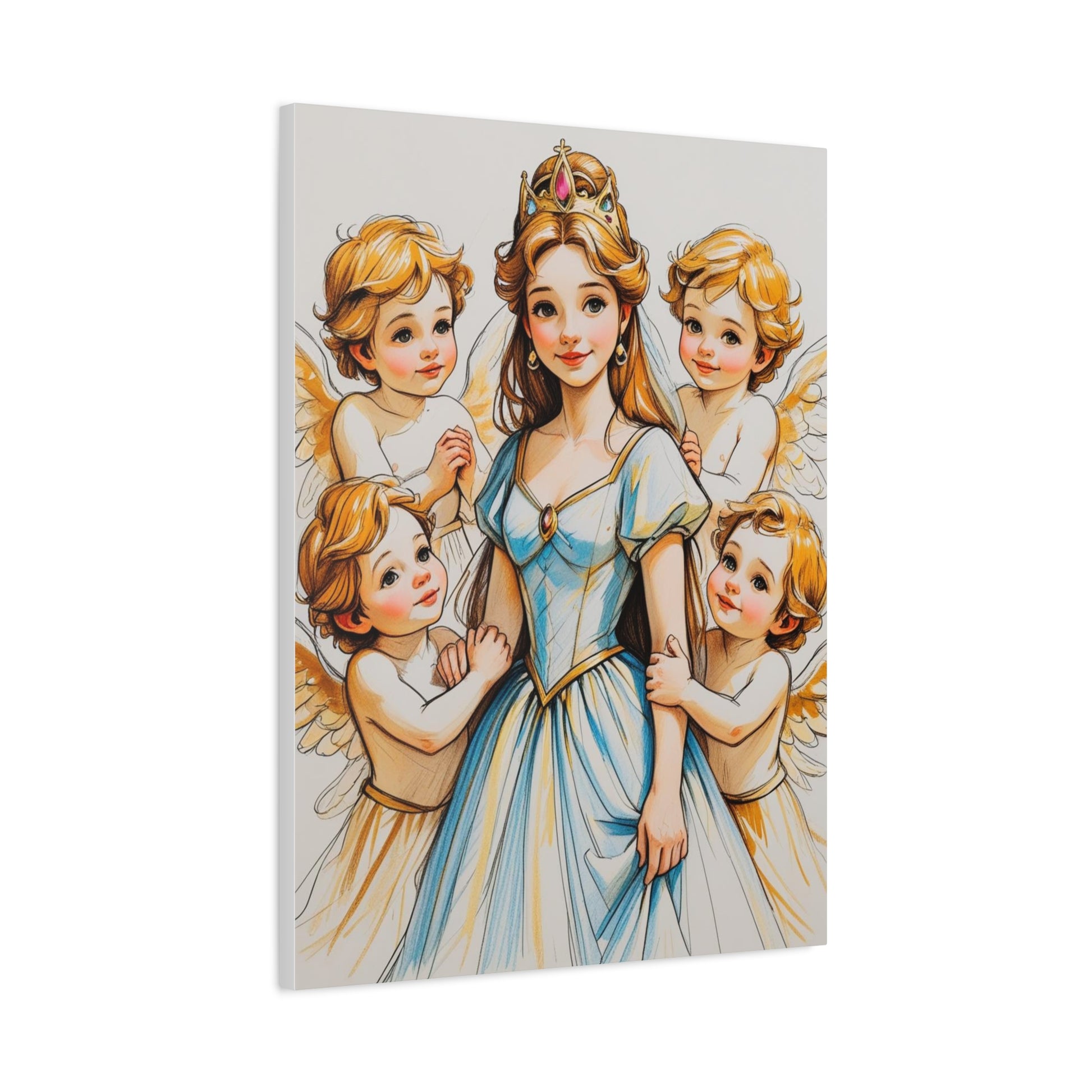 Prinzessin mit ein Seiden mehrfarbiges  blaues Kleid und kleine Engel in Mal Motiv