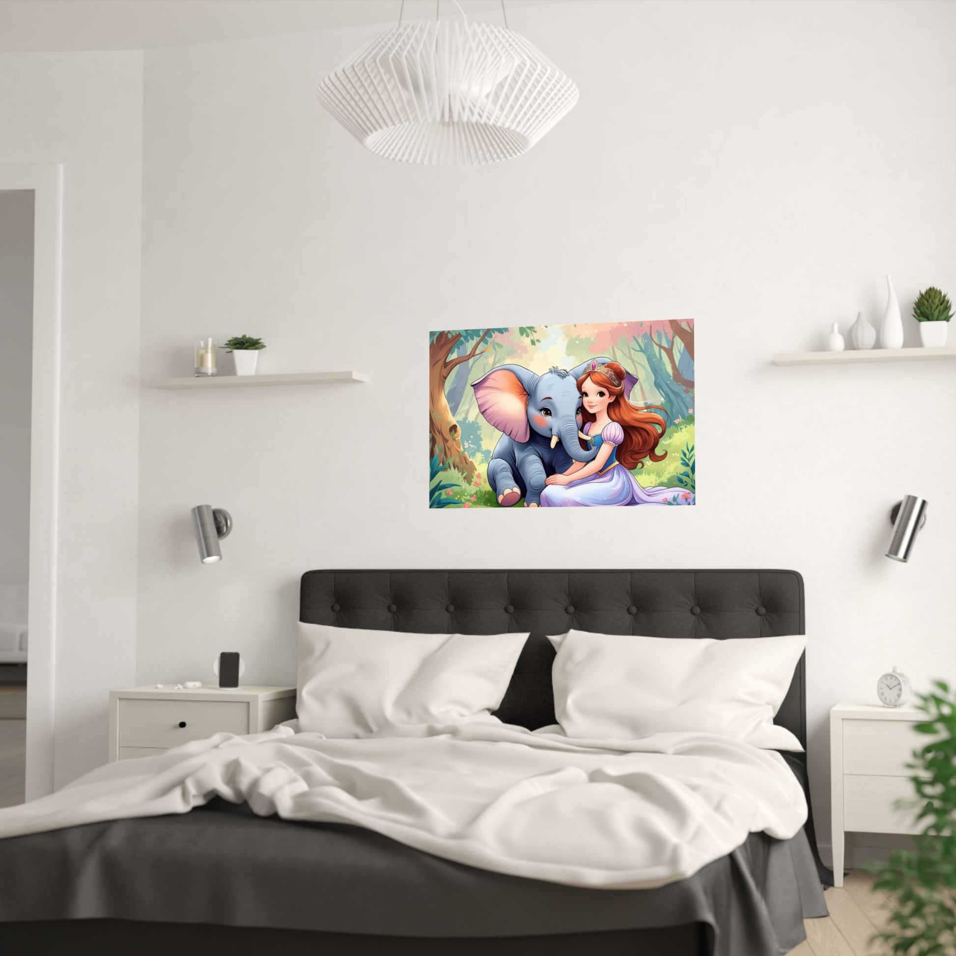Wunderliche Satin-Posterkunst | Elefanten- und Prinzessinnen-Design, Kinderzimmer-Dekor, Kinderzimmer-Wandkunst, Geschenk für Tierliebhaber, Fantasy-Kunstwerk