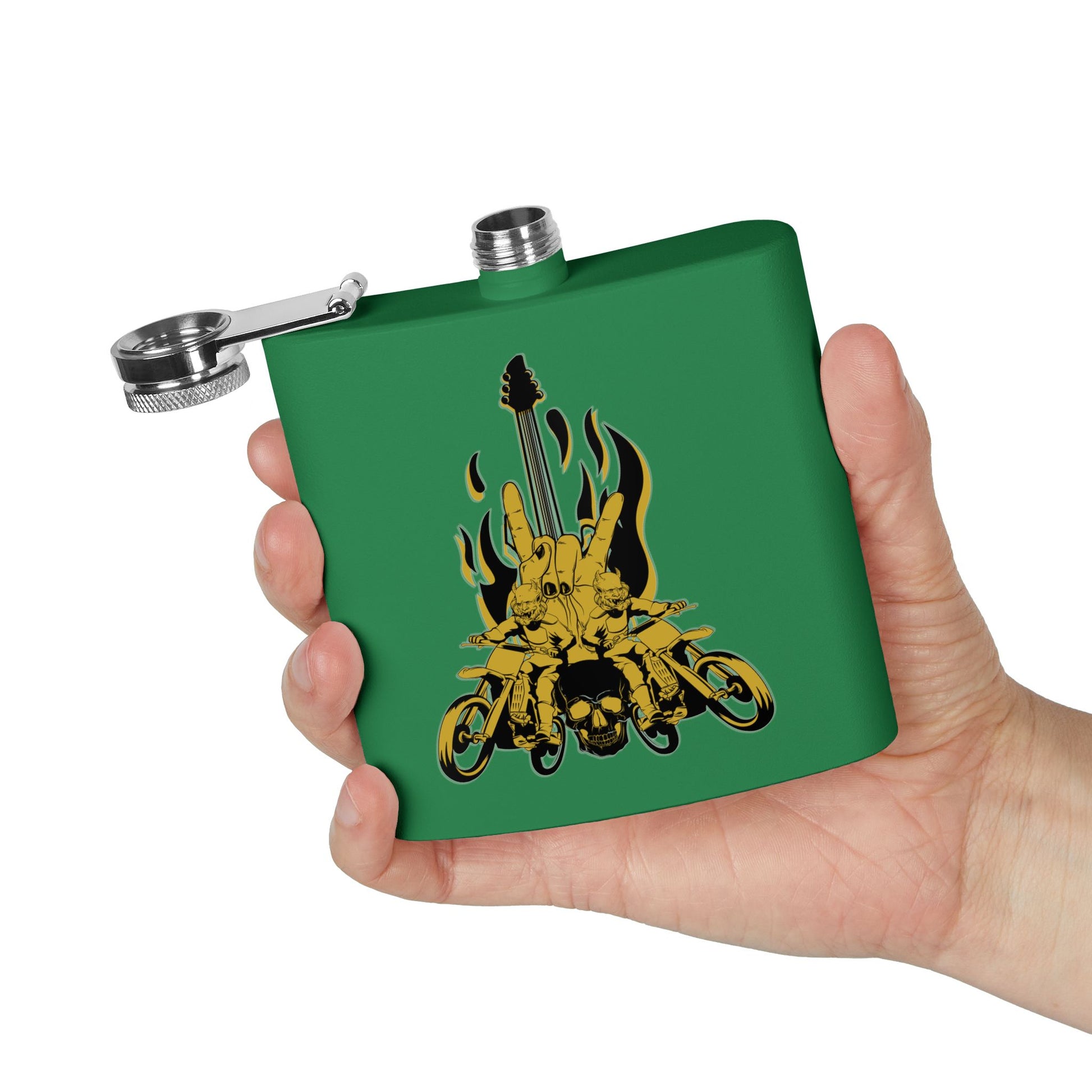 Edelstahl-Flachmann mit Rock 'n' Roll-Motiv – 170 ml, Totenkopf- und Gitarren-Design