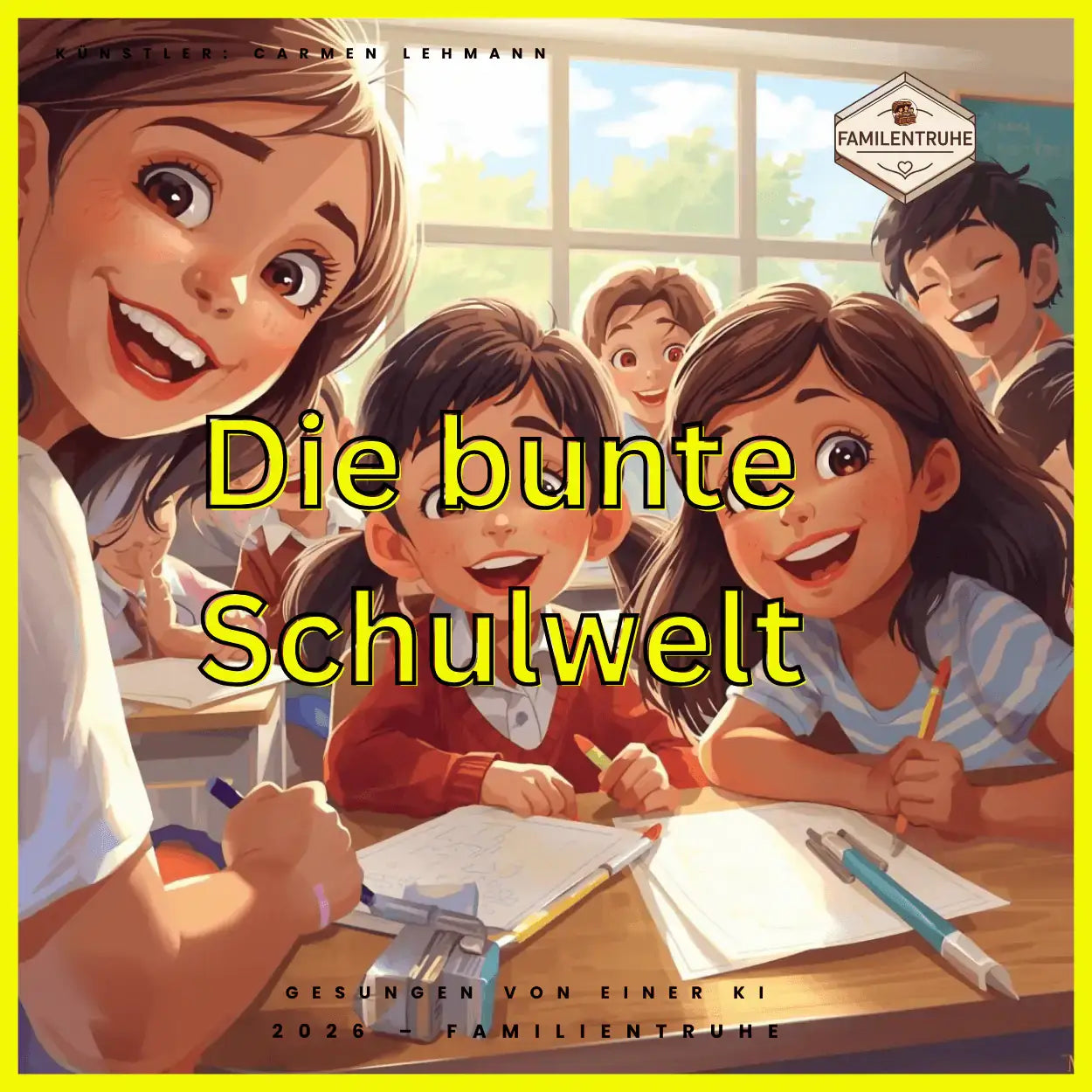 Kinderlied-Die bunte Schulwelt - Fröhliche Kinder im Klassenzimmer beim Lernen und Spielen.
