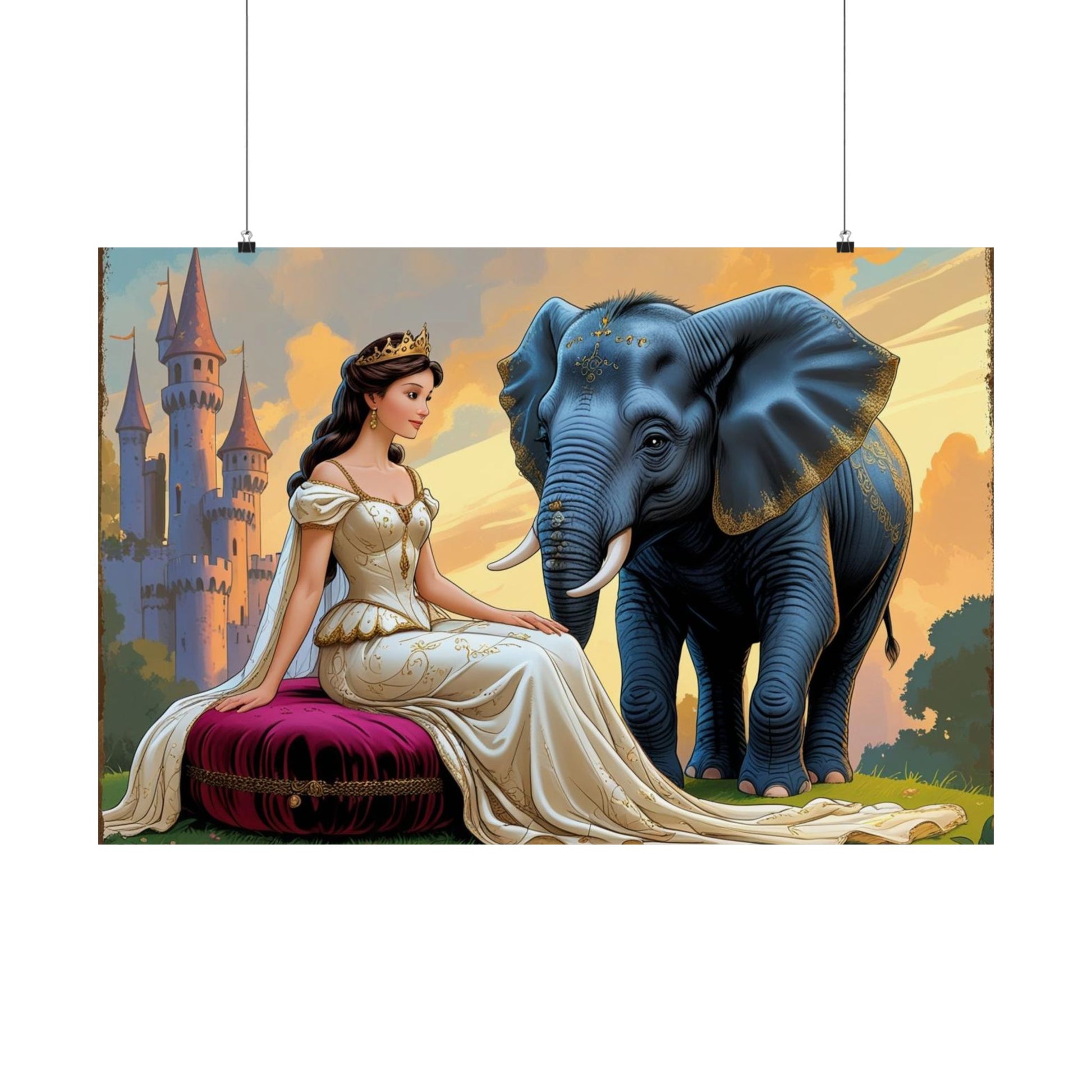 Bezaubernde Satin-Posterkunst – Prinzessin & Elefant, Wohndekor, Wandkunst, Geschenkidee, Kinderzimmerdekor, zauberhafte Illustrationen