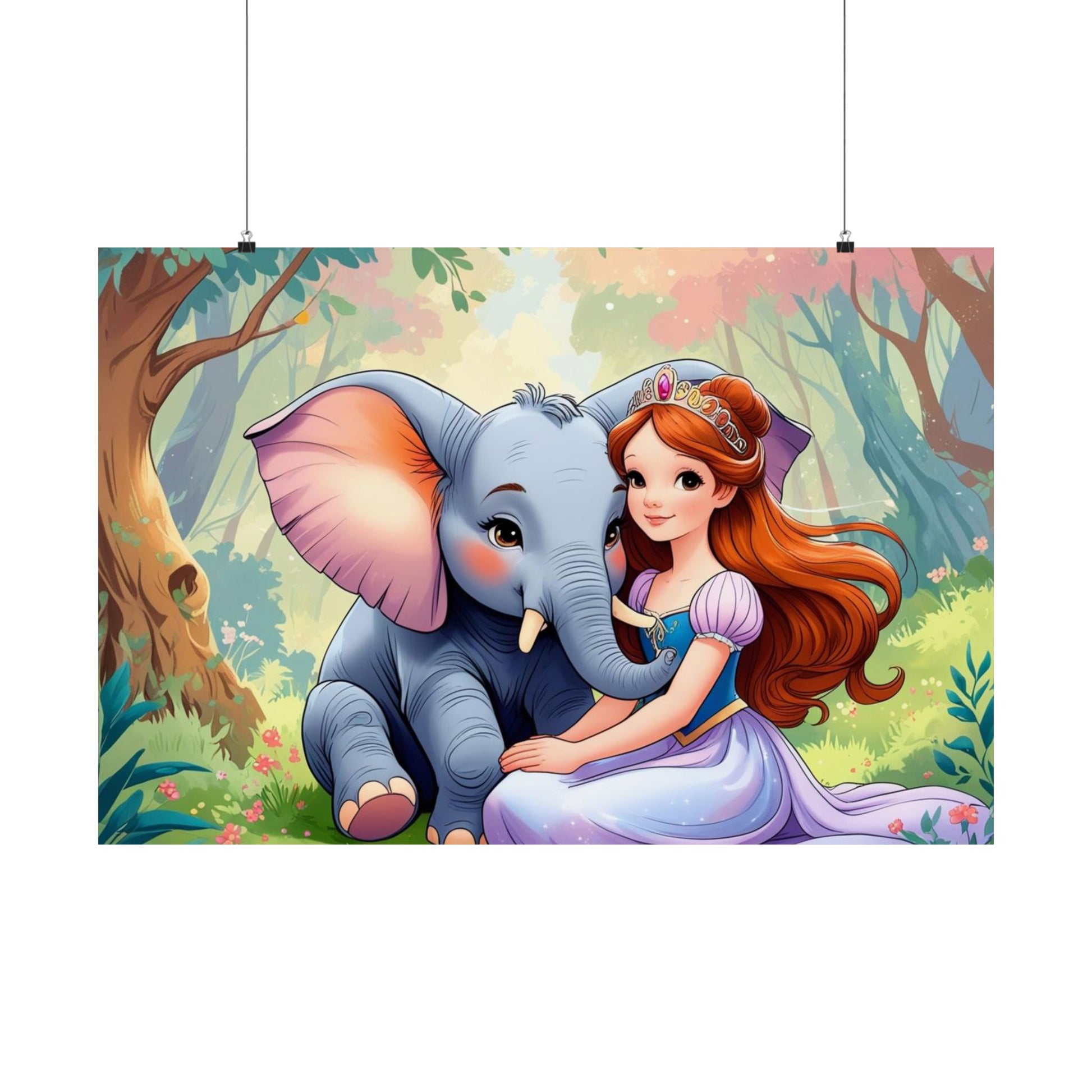 Wunderliche Satin-Posterkunst | Elefanten- und Prinzessinnen-Design, Kinderzimmer-Dekor, Kinderzimmer-Wandkunst, Geschenk für Tierliebhaber, Fantasy-Kunstwerk