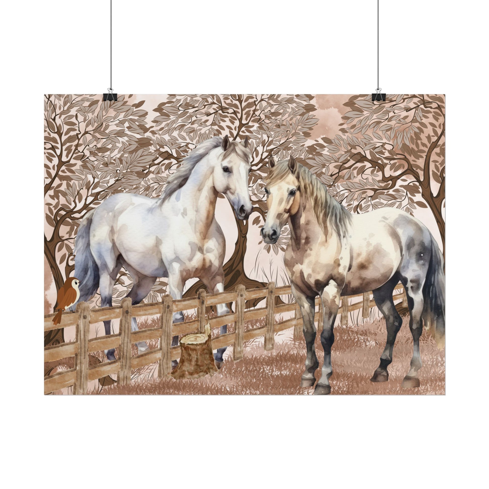 Poster - Two horses gray white checkered greeting each other at the fence