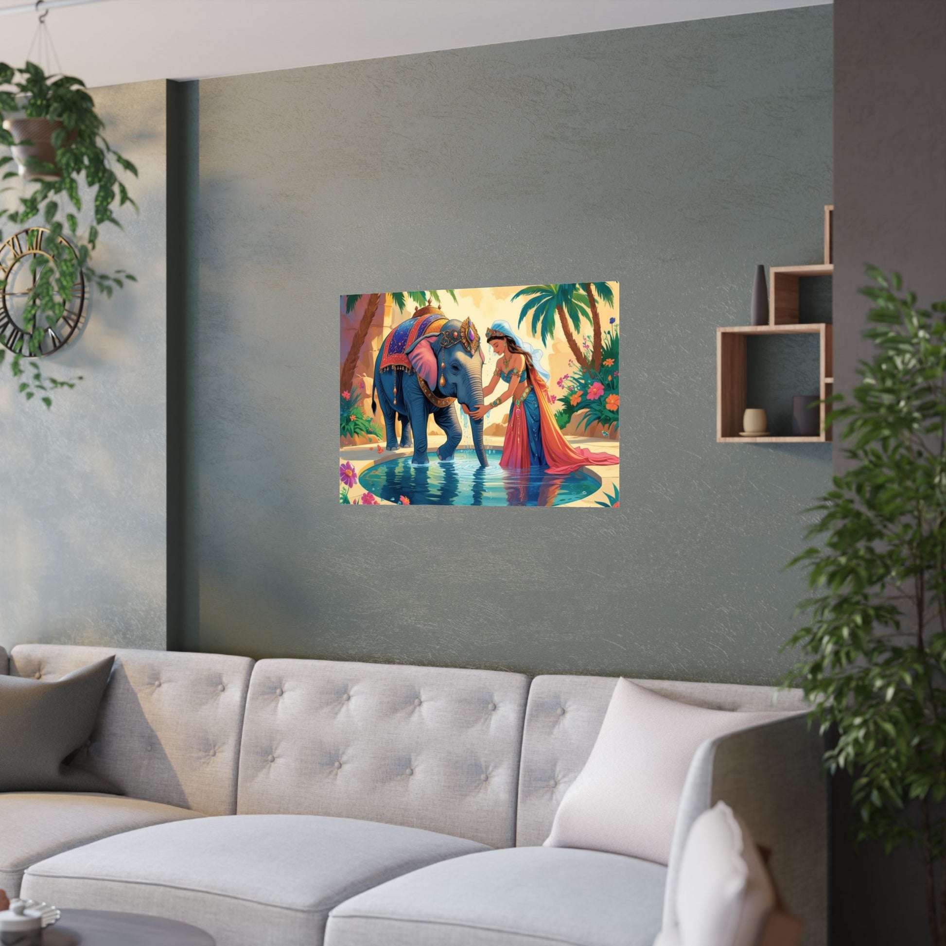 Elefant Oasis Satin Poster, Exotische Wandkunst, Tropisches Wohndekor, Boho Stil, Geschenk für Naturliebhaber, Farbenfroher Schlafzimmer Akzent