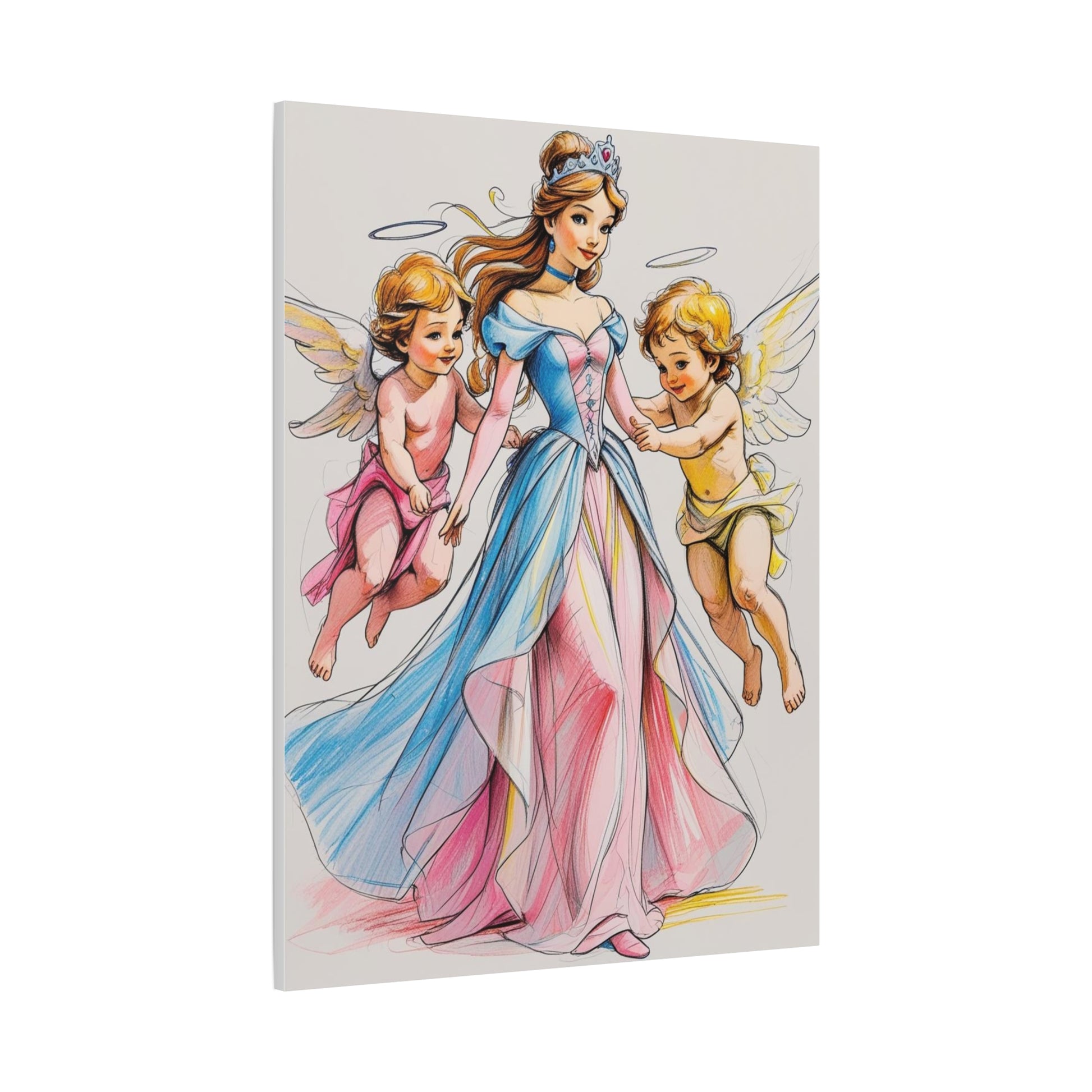Prinzessin mit ein Seiden mehrfarbiges Kleid und kleine Engel in Mal Motiv in Großformat