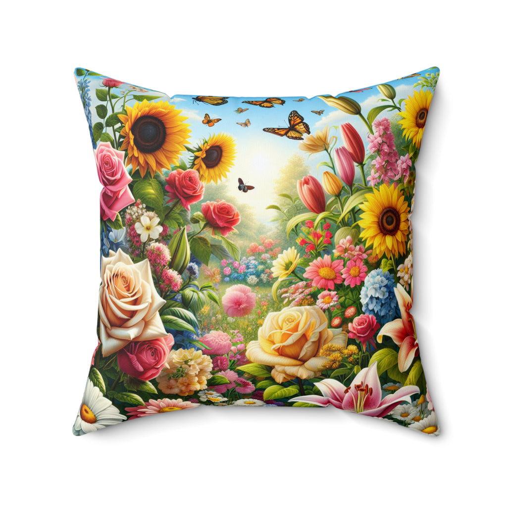 Dekokissen mit Blumengarten, farbenfroher Wohnakzent, gemütliches Kissen fürs Wohnzimmer, florales Dekor, Geschenkidee für Naturliebhaber