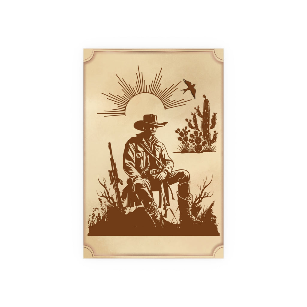 Poster Cowboy sitzt auf einem Stein in der Prärie und ruht sich aus