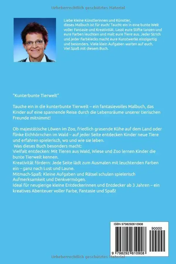Rückseite des Malbuchs 'Kunterbunte Tierwelt: Ein Malbuch für kleine Entdecker (Kinder Bücher, Band 1)'.