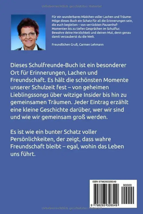 Rückseite des Freundschaftsbuchs-Meine Schulfreunde, ideal für Erinnerungen und Lachen.