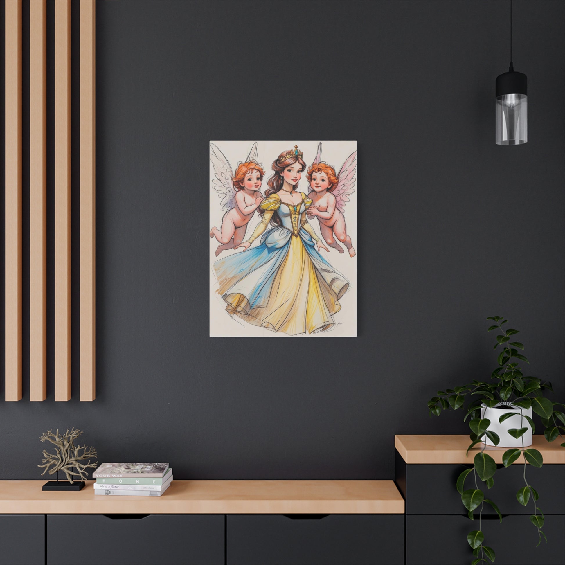 Prinzessin mit ein Seiden mehrfarbiges  Gelb  blaues Kleid und kleine Engel in Mal Motiv