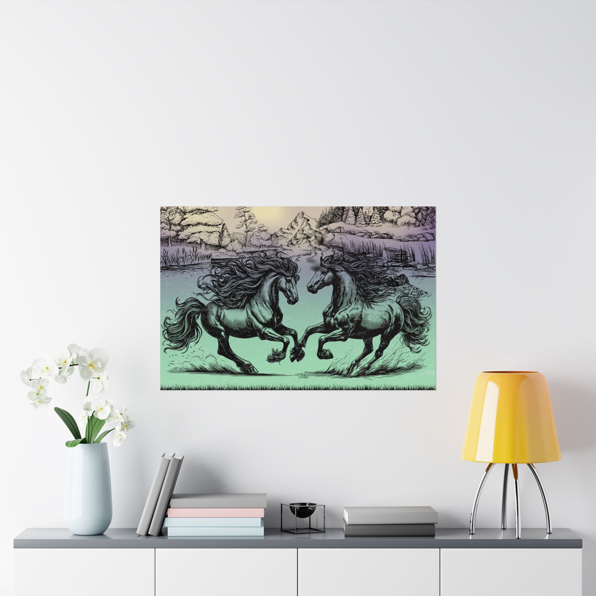 Vintage Pferde Kunst Satin Poster, zwei Pferde Wanddekoration, Einzigartiger Kunstdruck, Geschenk für Pferdeliebhaber