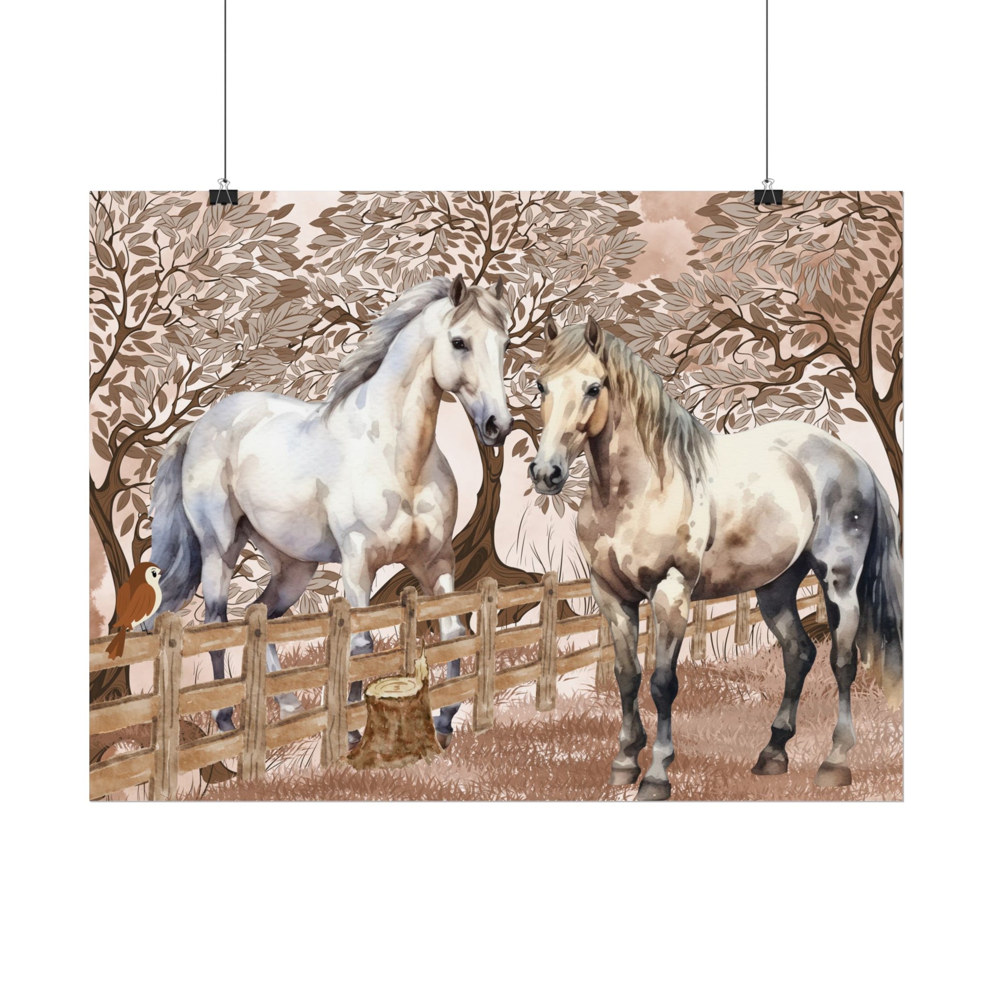 Poster - Two horses gray white checkered greeting each other at the fence