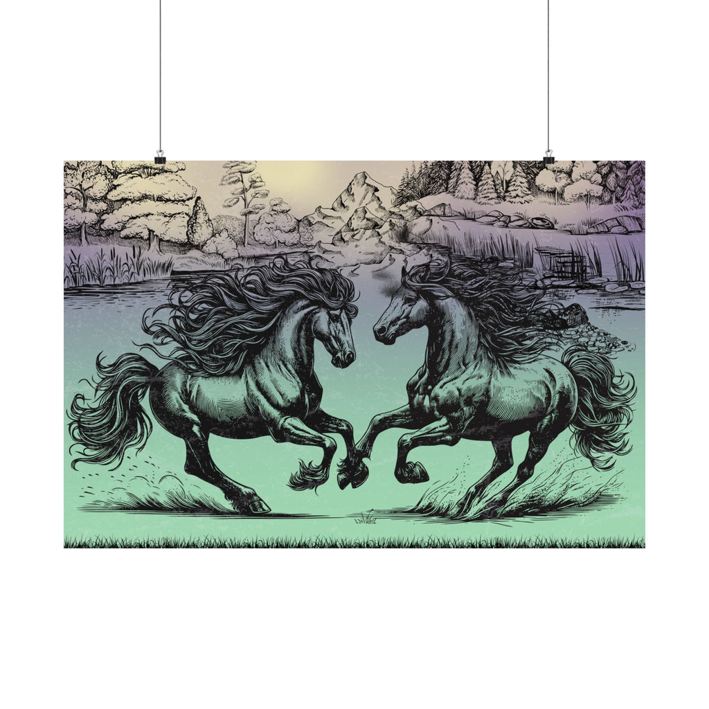 Vintage Pferde Kunst Satin Poster, zwei Pferde Wanddekoration, Einzigartiger Kunstdruck, Geschenk für Pferdeliebhaber
