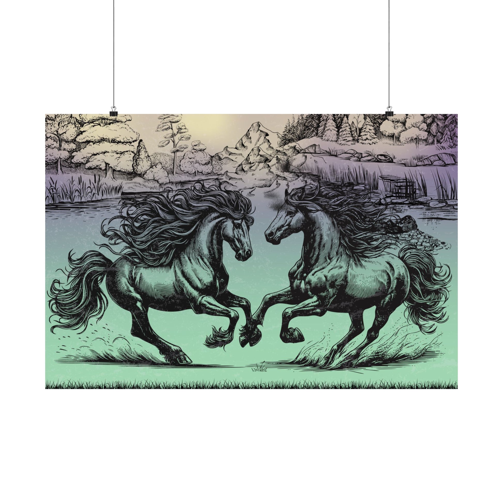 Vintage Pferde Kunst Satin Poster, zwei Pferde Wanddekoration, Einzigartiger Kunstdruck, Geschenk für Pferdeliebhaber