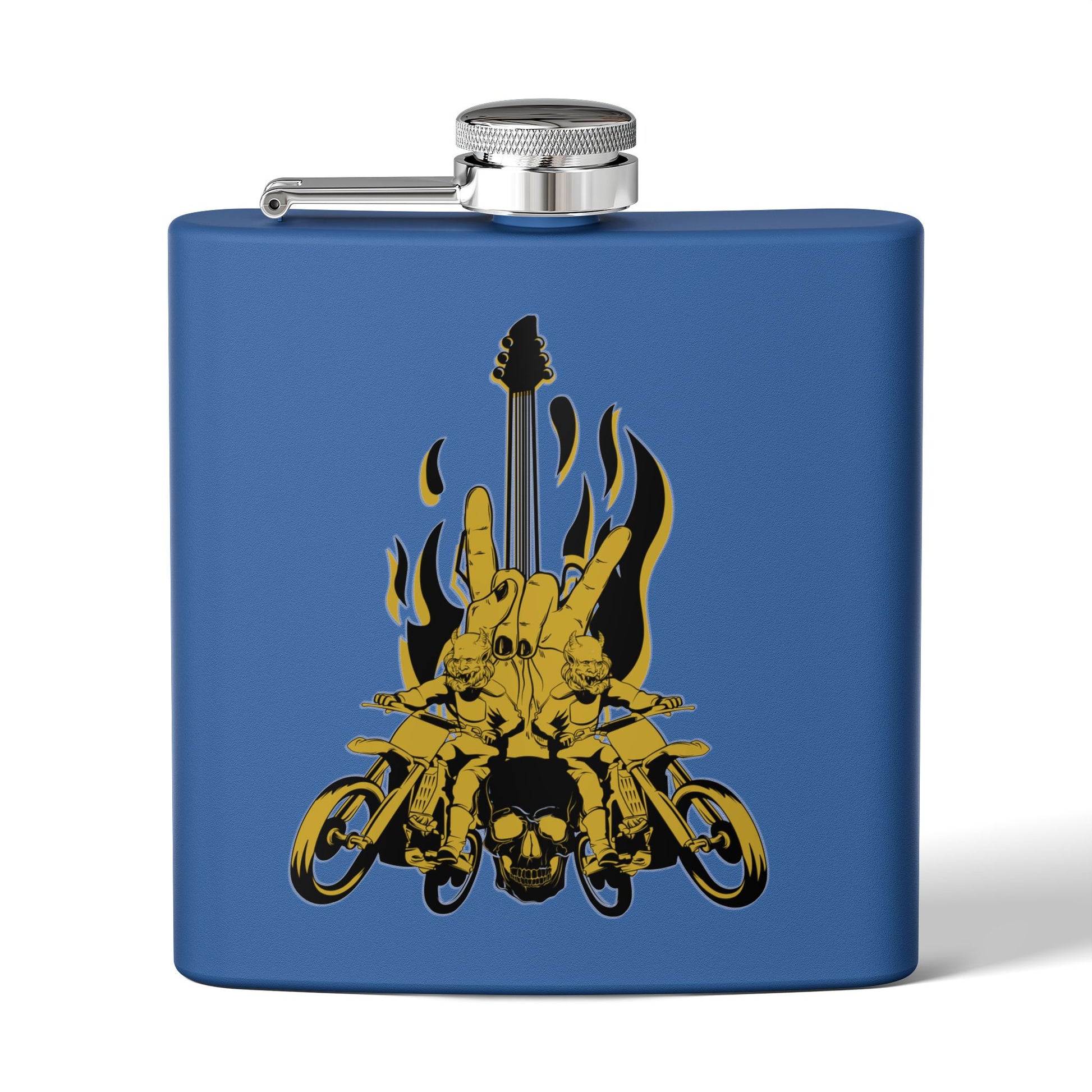 Edelstahl-Flachmann mit Rock 'n' Roll-Motiv – 170 ml, Totenkopf- und Gitarren-Design