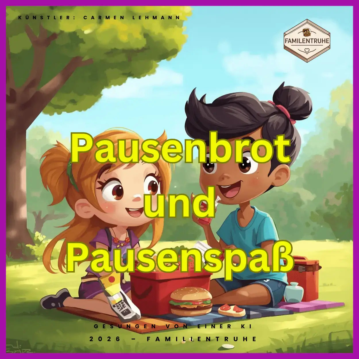 Kinderlied Pausenbrot und Pausenspaß illustrativ mit Kindern beim Pausenbrot auf dem Schulhof.
