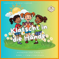 Bunte Illustration von Kindern, die beim Kinderlied "Klatscht in die Hände" fröhlich klatschen und tanzen.