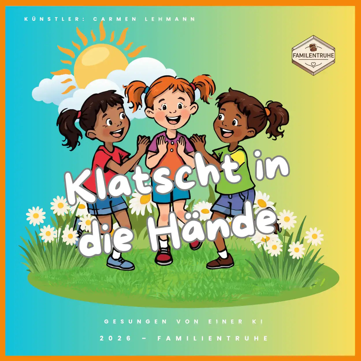Bunte Illustration von Kindern, die beim Kinderlied "Klatscht in die Hände" fröhlich klatschen und tanzen.