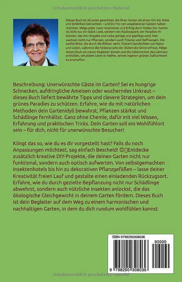 Taschenbuch -Tipps & Tricks gegen ungebetene Gäste im Garten, Rückseite mit Buchbeschreibung und Autorenbild.