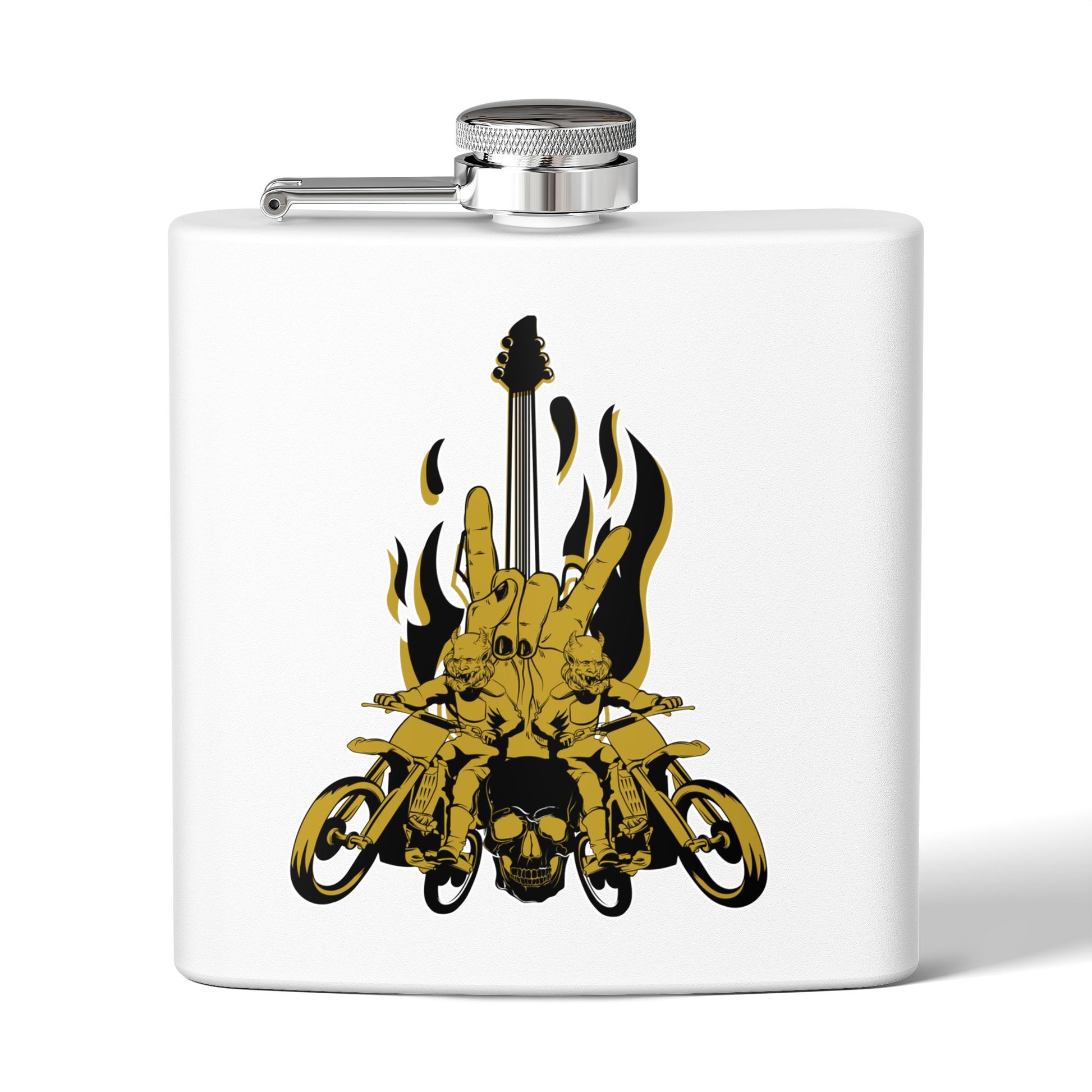 Edelstahl-Flachmann mit Rock 'n' Roll-Motiv – 170 ml, Totenkopf- und Gitarren-Design