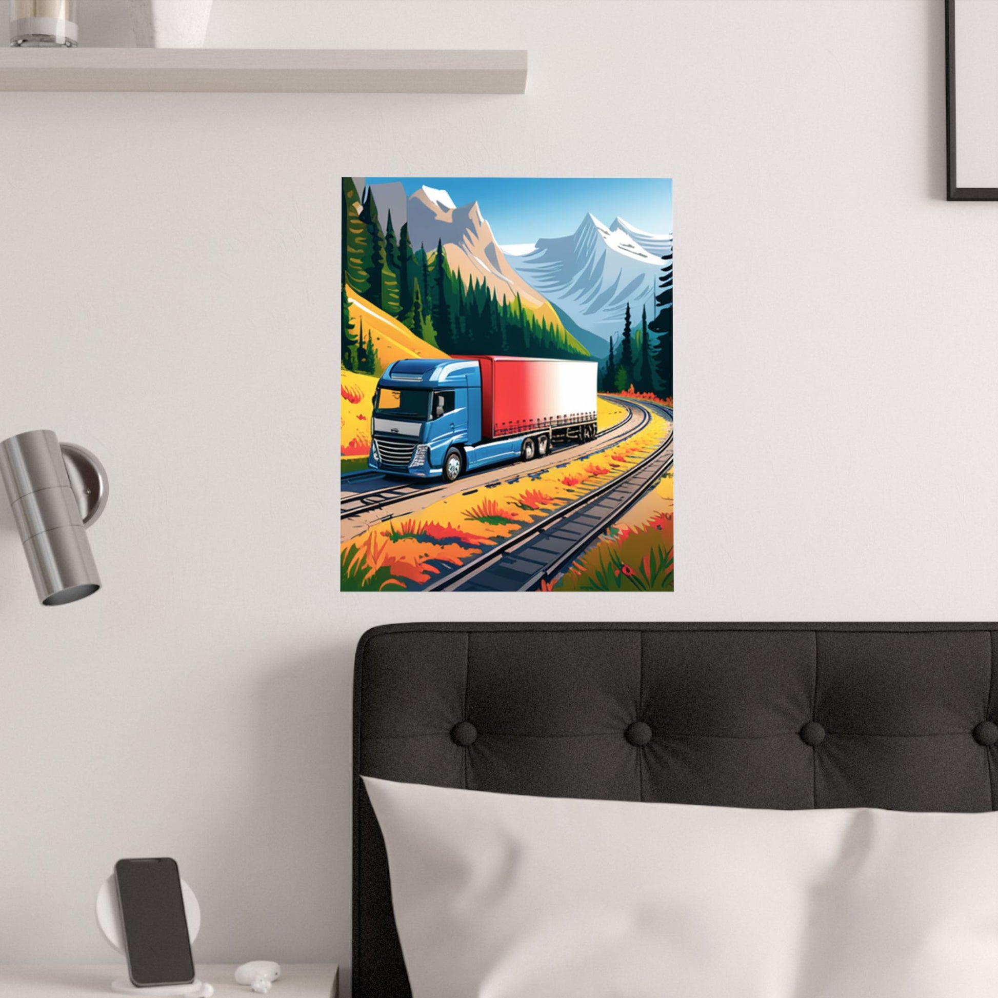Trucking Adventure Satin Poster, Wandkunst für Truck-Enthusiasten, Vintage Truck Dekor, Geschenk für Fahrer, Road Trip Dekor