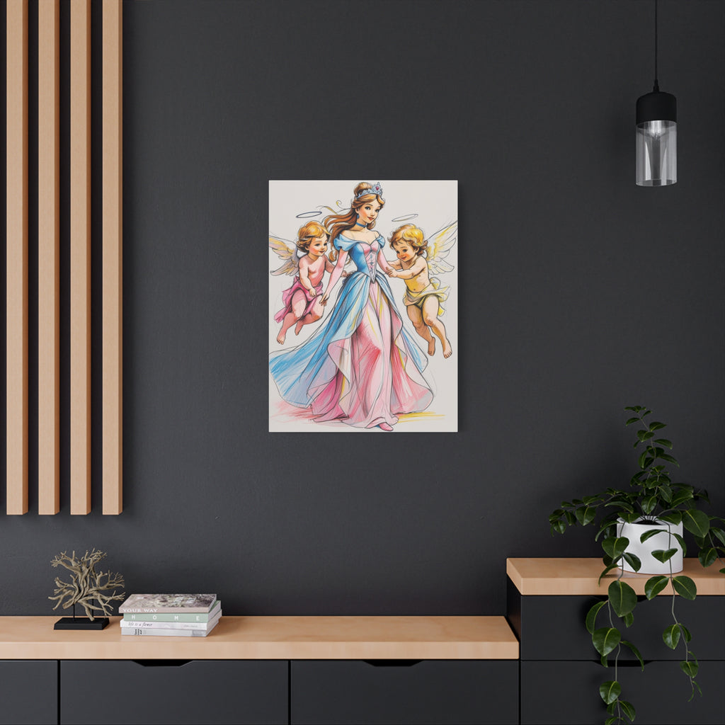 Prinzessin mit ein Seiden mehrfarbiges Kleid und kleine Engel in Mal Motiv