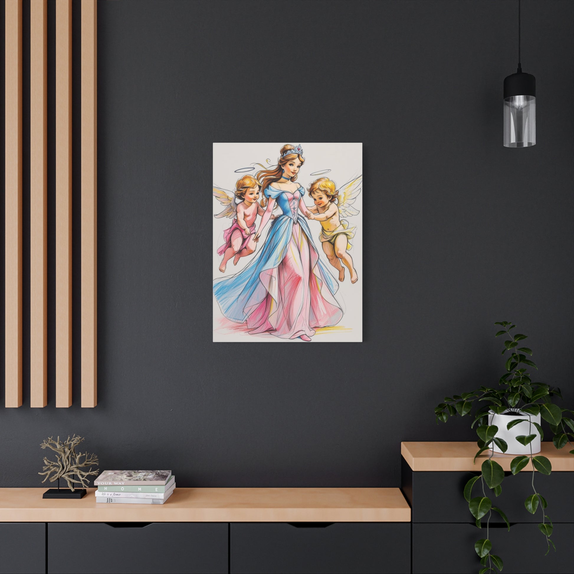 Prinzessin mit ein Seiden mehrfarbiges Kleid und kleine Engel in Mal Motiv