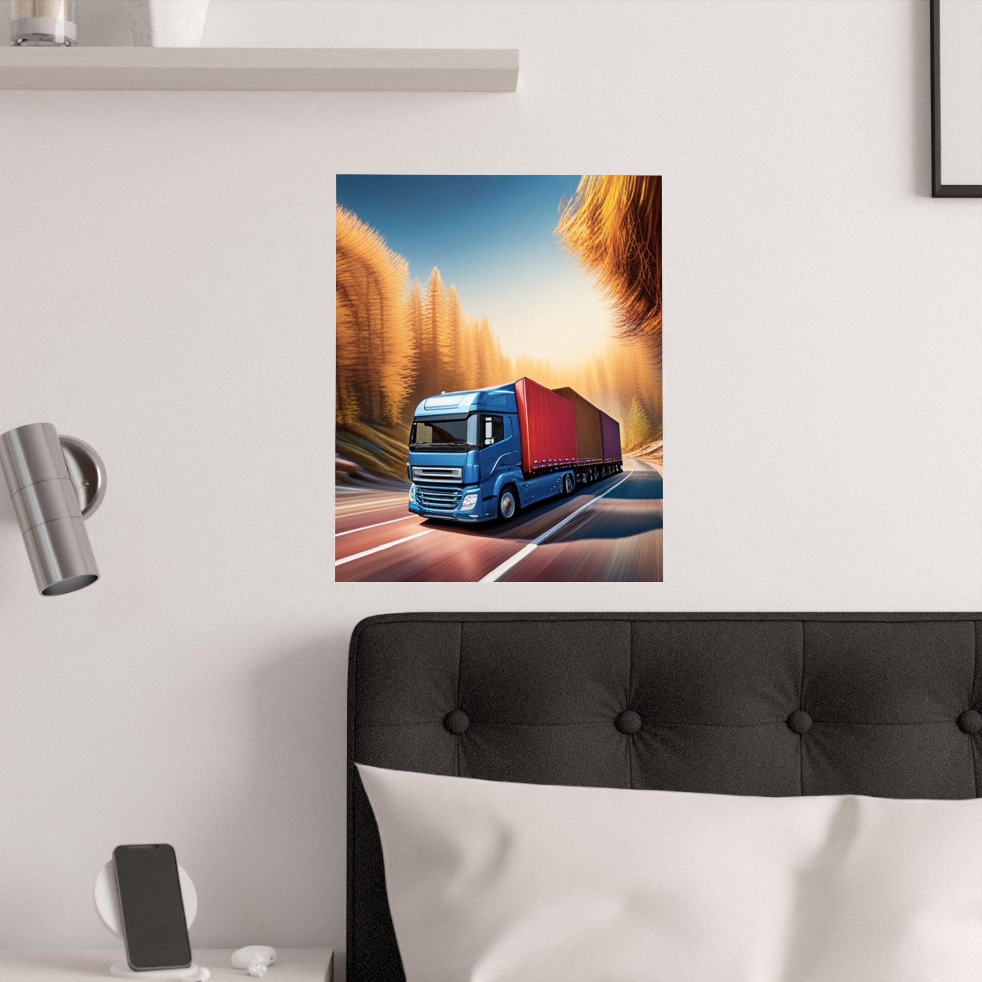 Satin-Wandkunst-Poster – Truck on Highway, Wohndekor, Geschenke für Truck-Liebhaber, Raumästhetik, Transportkunst