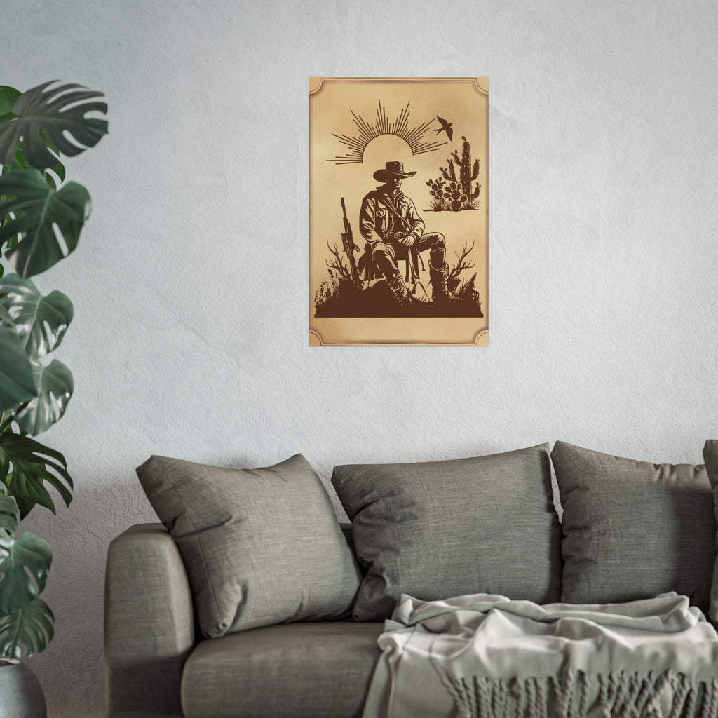 Poster Cowboy sitzt auf einem Stein in der Prärie und ruht sich aus