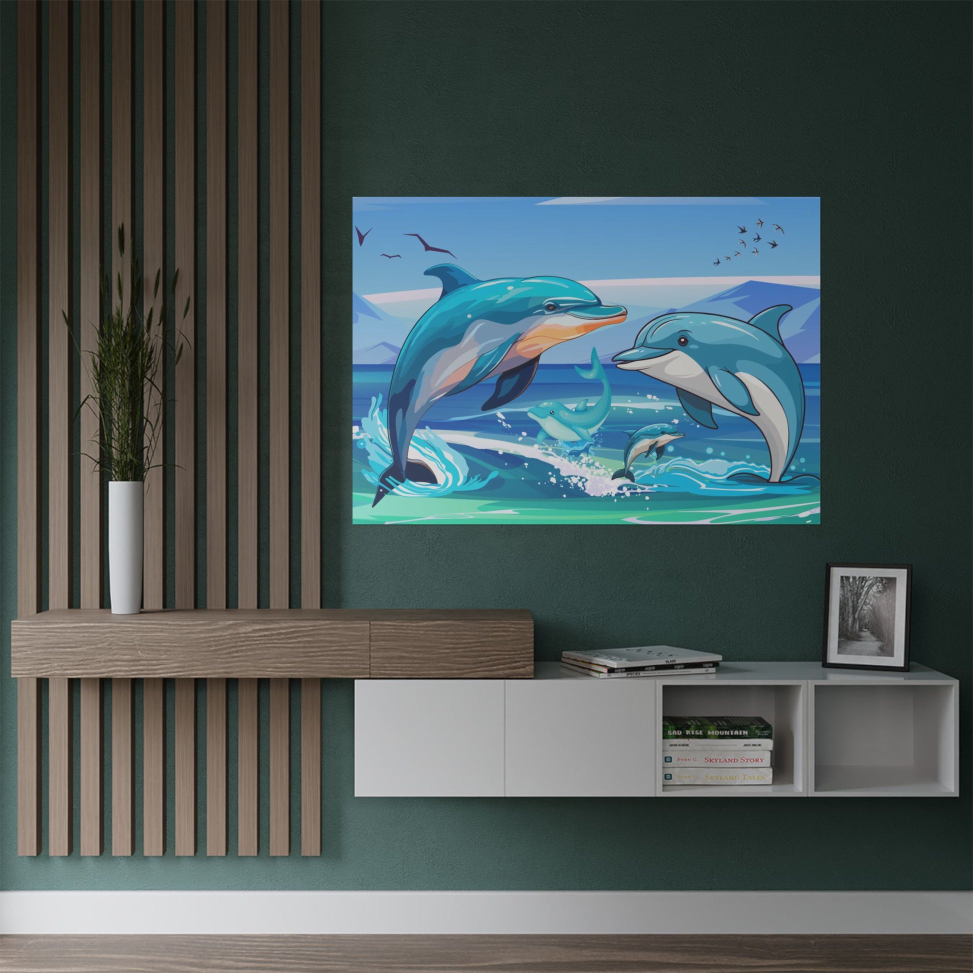 Delfin Kunst Satin Poster, Ozean Dekor, Strandhaus Wandkunst, Maritime Geschenke, Meereslebewesen Drucke, Kinderzimmer Dekor