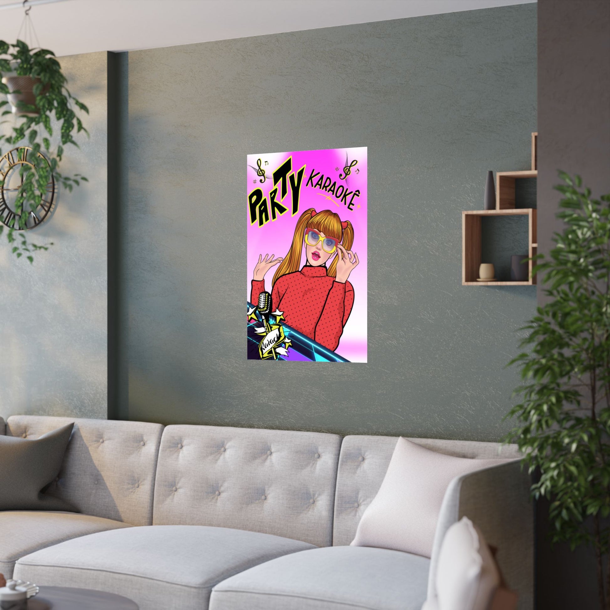 Karaoke-Party-Satin-Poster, Retro-Wandkunst, Lustiges Zimmerdekor, Geschenk für Musikliebhaber, Verspielter Wohnakzent, Eventdekoration