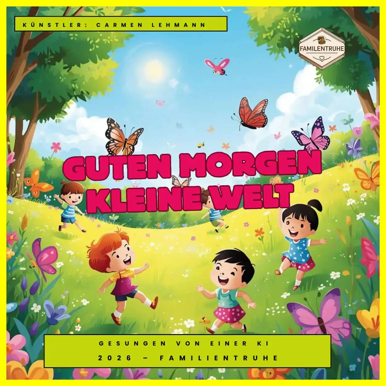 Bunte Illustration für Kinderlied- Guten Morgen kleine Welt mit fröhlichen Kindern und Schmetterlingen in einer sonnigen Landschaft.