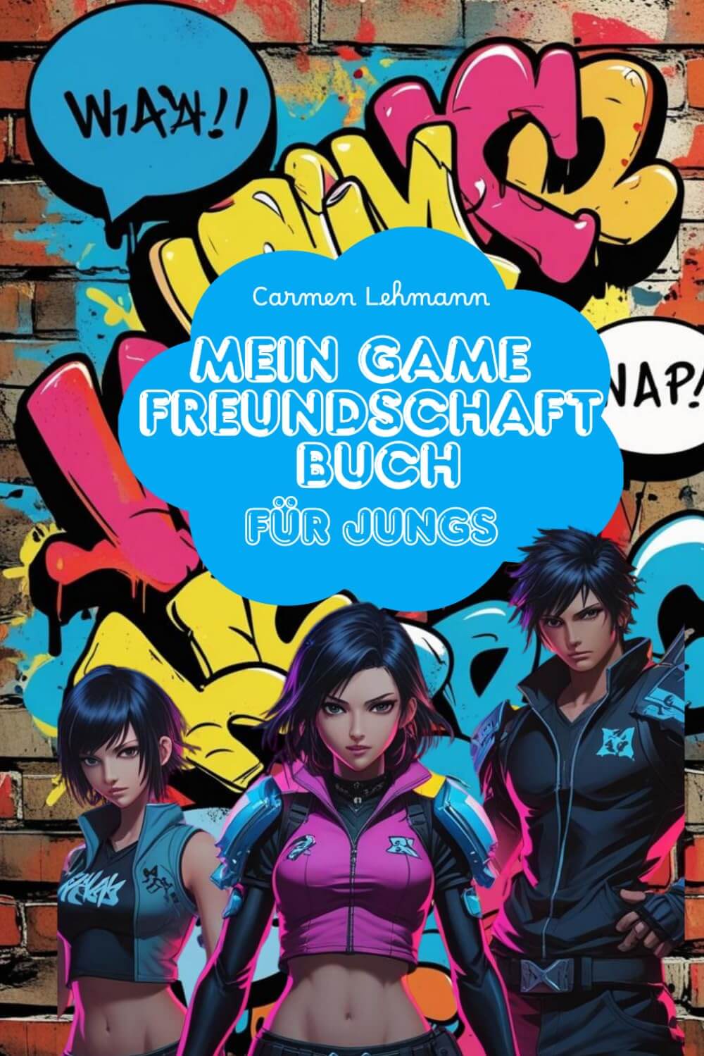 Cover of Mein Game Freundschaftsbuch für Jungs featuring colorful graffiti and gaming characters.