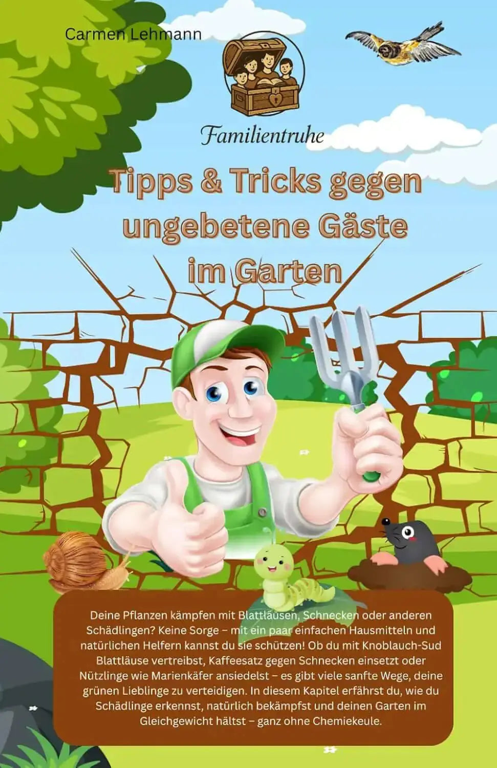 Taschenbuch -Tipps & Tricks gegen ungebetene Gäste im Garten, Zeichnung eines Gärtners im Garten mit Werkzeug.