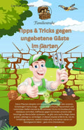 Taschenbuch -Tipps & Tricks gegen ungebetene Gäste im Garten, Zeichnung eines Gärtners im Garten mit Werkzeug.