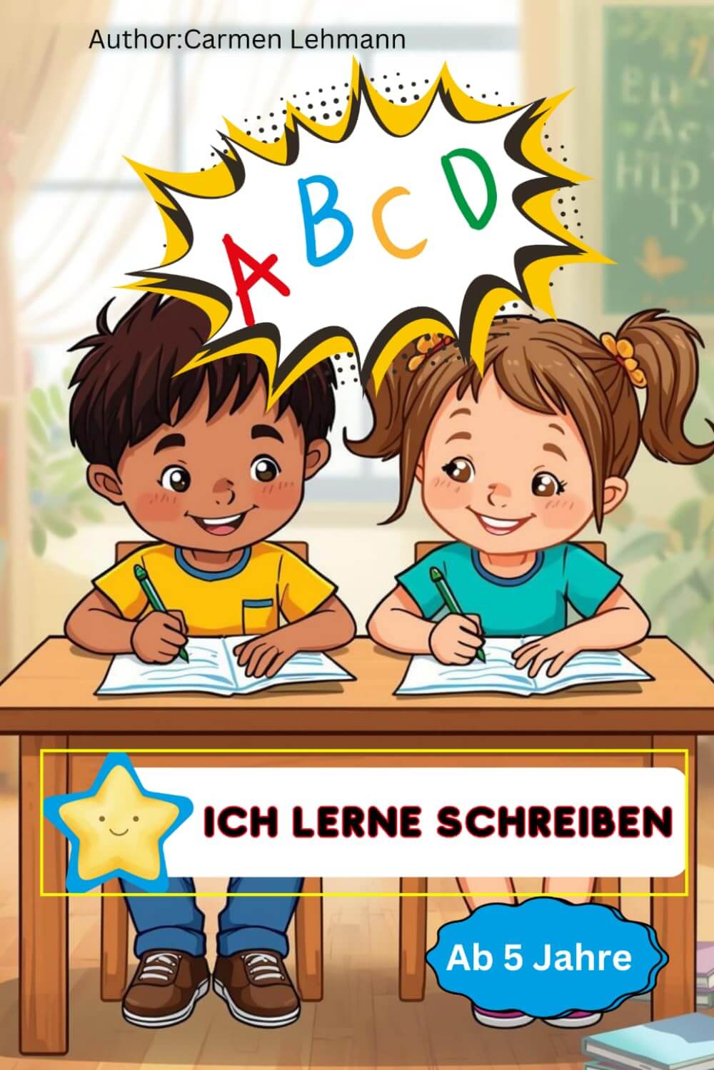 Taschenbuch Ich lerne schreiben für Kinder ab 5 Jahre mit fröhlichen Kindern beim Schreiben.