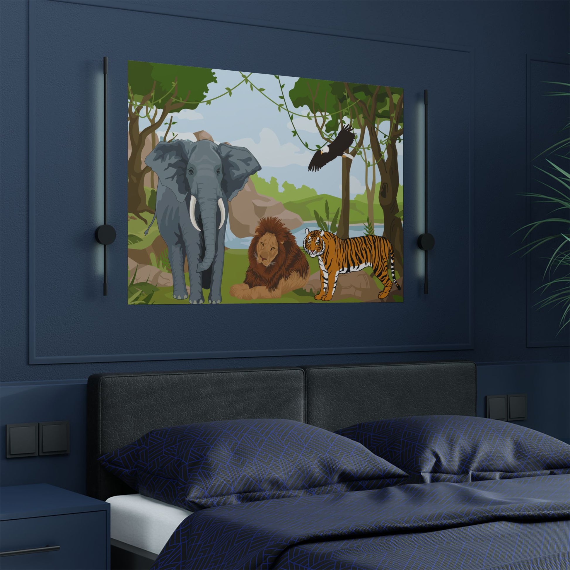 Wildlife Adventure Satin Poster, Dschungel Kunstdruck, Safari Dekor, Kinderzimmer Wandkunst, Geschenk für Naturliebhaber, Tier-Themen-Wohndekor