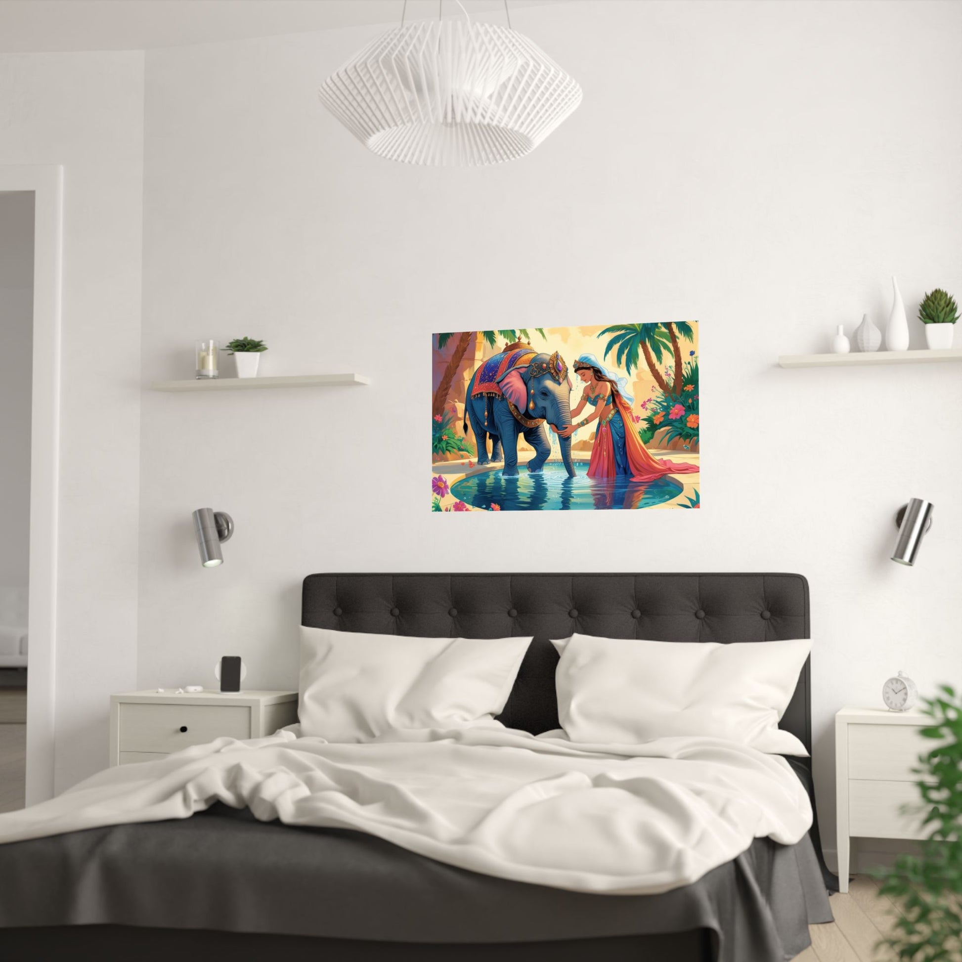 Elefant Oasis Satin Poster, Exotische Wandkunst, Tropisches Wohndekor, Boho Stil, Geschenk für Naturliebhaber, Farbenfroher Schlafzimmer Akzent